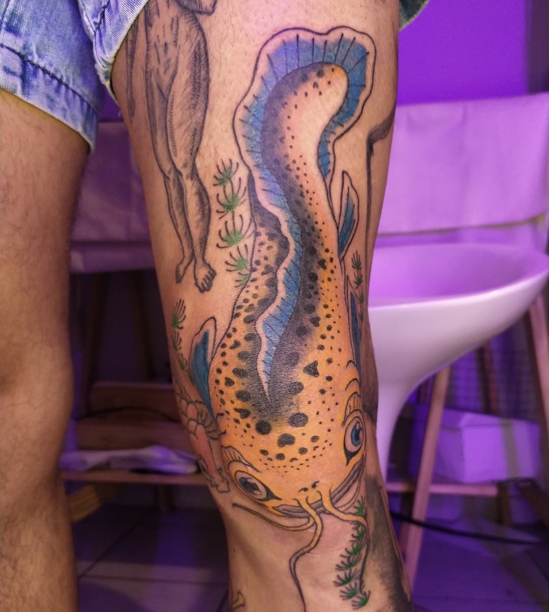 Golden Namazu leg tattoo
