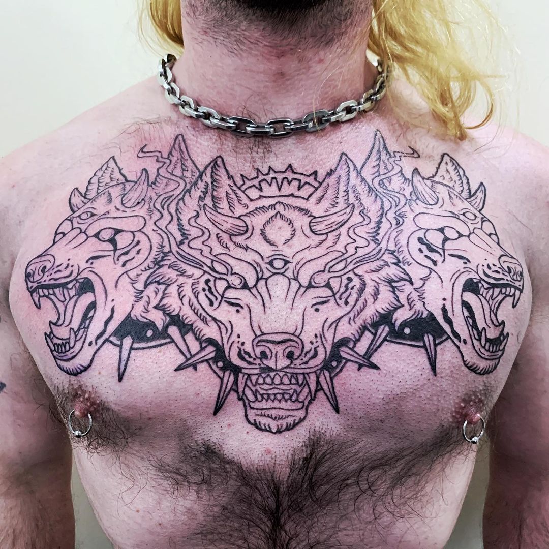 Cerberus chest tattoo