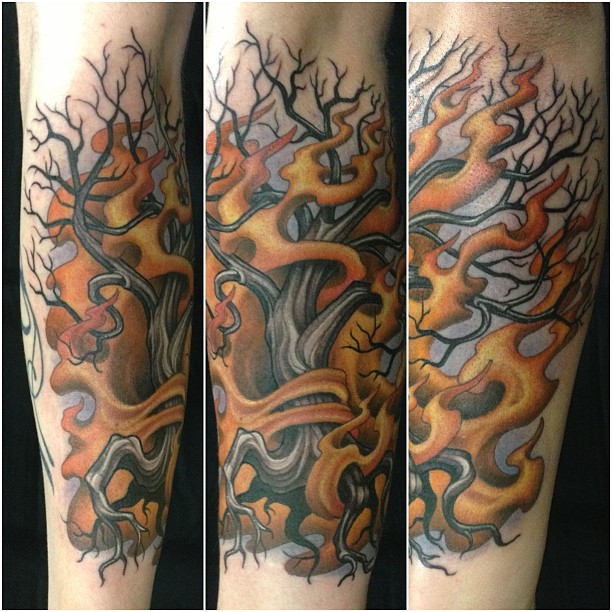 Colorful Burning Tree Tattoo 
