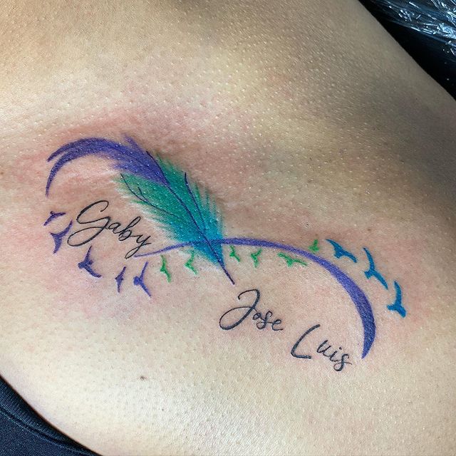 Infinity feather tattoo with names