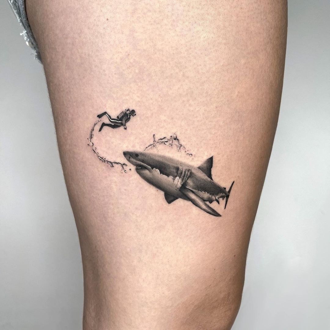 frogman and shark leg tattoo