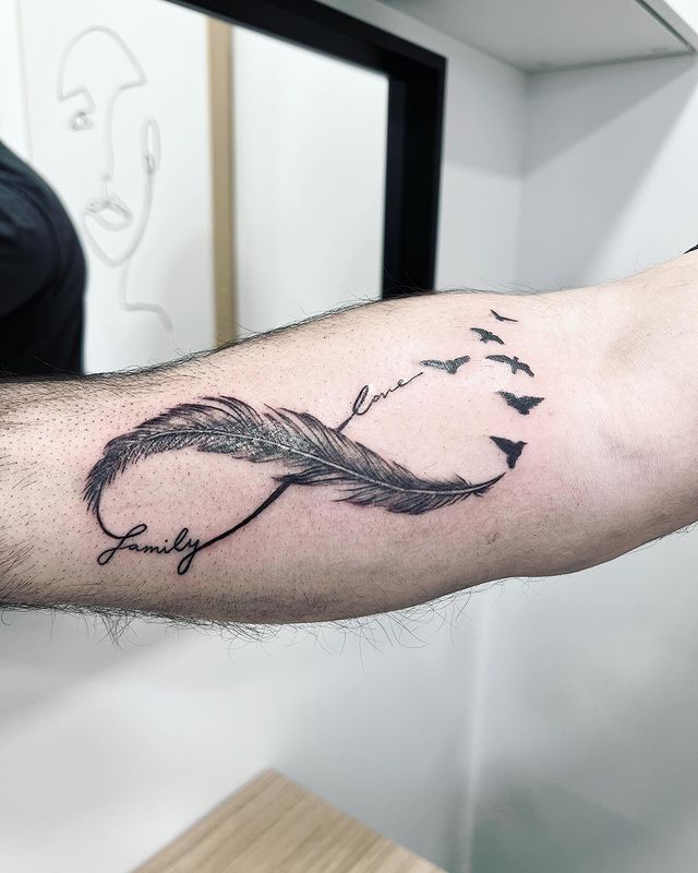 Fishcake custom tattoo - All the classics rolled into one. #infinity  #infinitysymbol #feather #watercolour #watercolourfeather #birds  #flyingbirds #sillouettebirds #script #scripttattoo #staystrong  #girlswithtattoos #girlswithink #classics ...