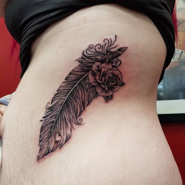 Rose Feather side tattoo