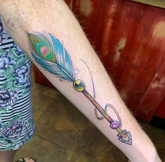 Colorful Feather Arrow arm Tattoo 