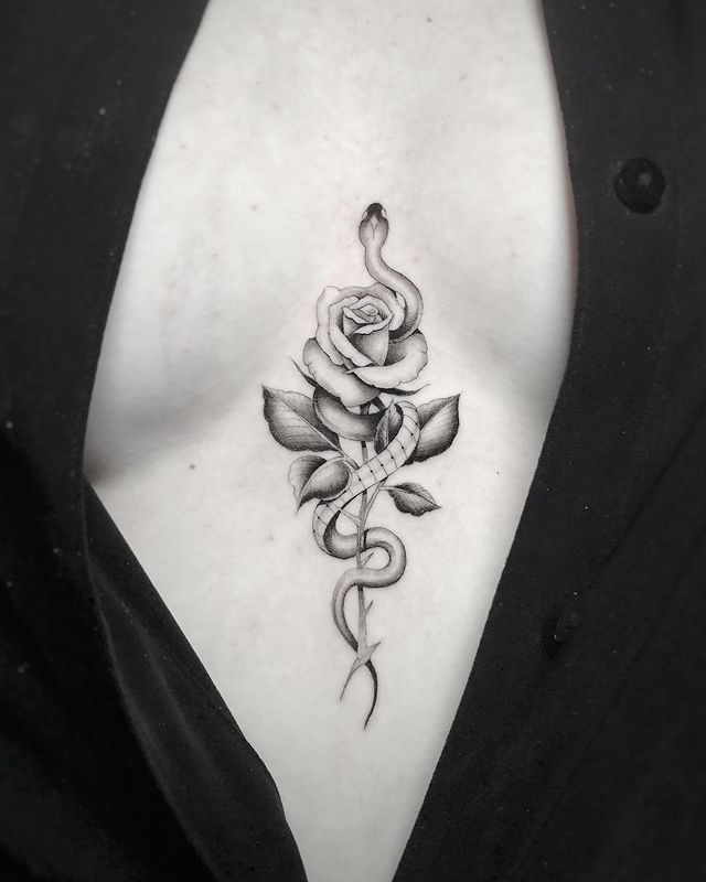 Snake and Rose chest Tattoo