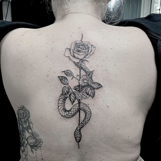 Snake and Rose back Tattoo
