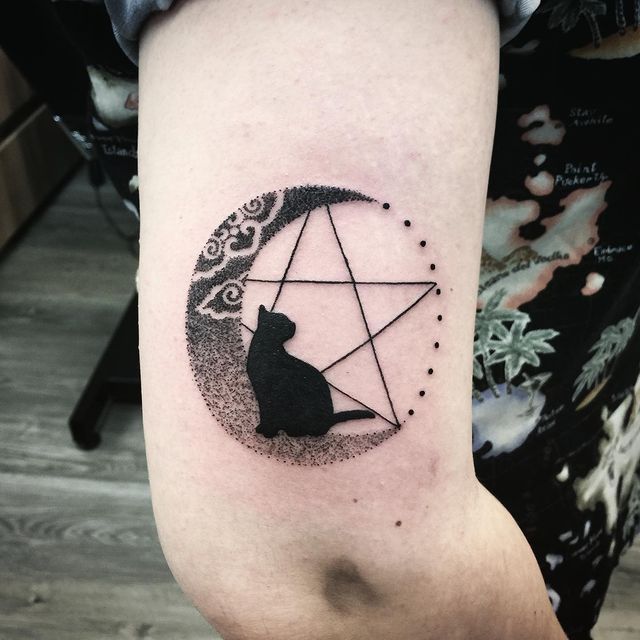 Cat and Moon arm tattoo