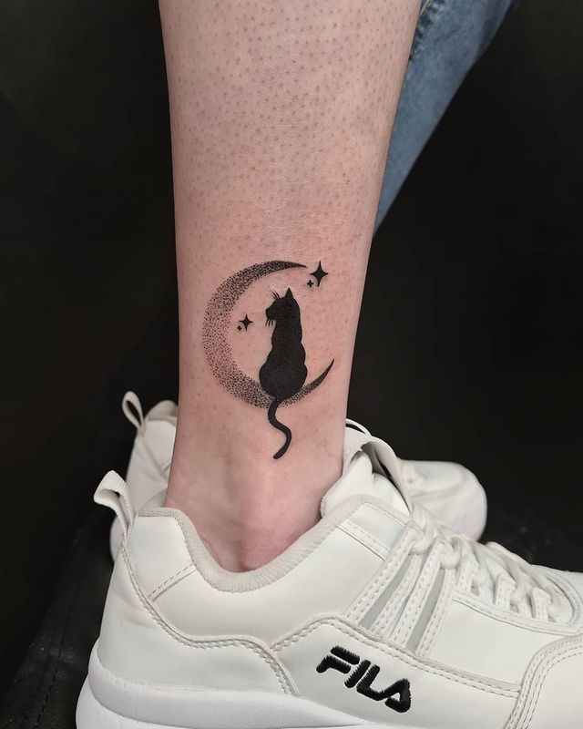 Cat and Moon ankle tattoo