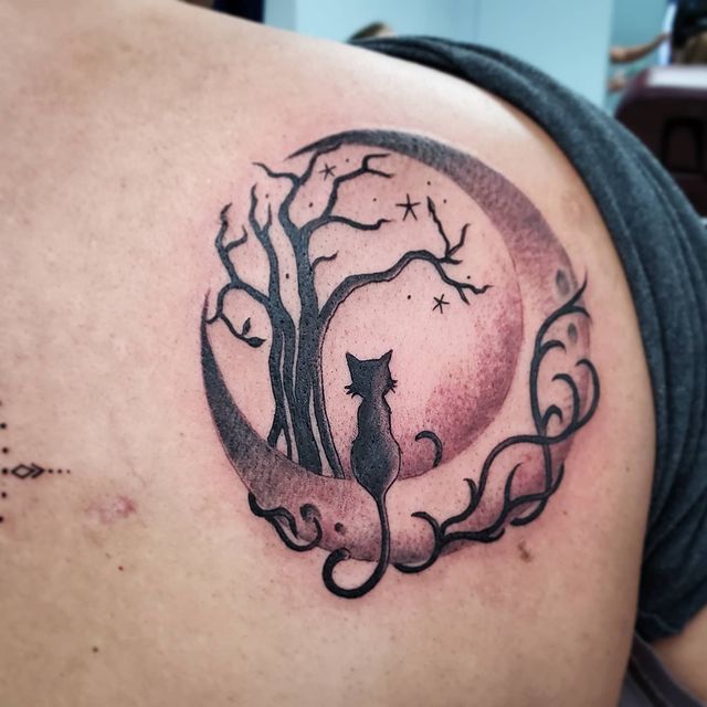 Cat and Moon back tattoo 