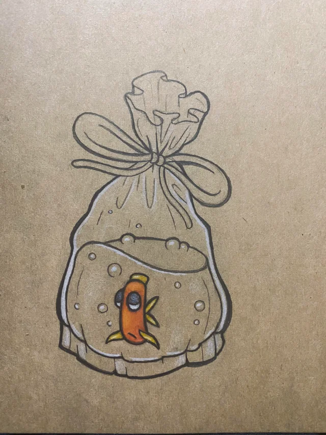 Cartoon fish in a bag tattoo