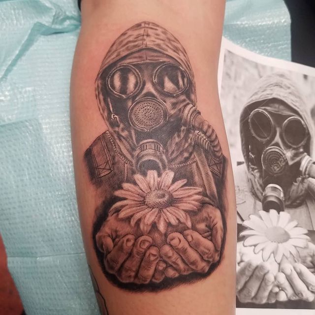 Flower with Gas mask tattoo