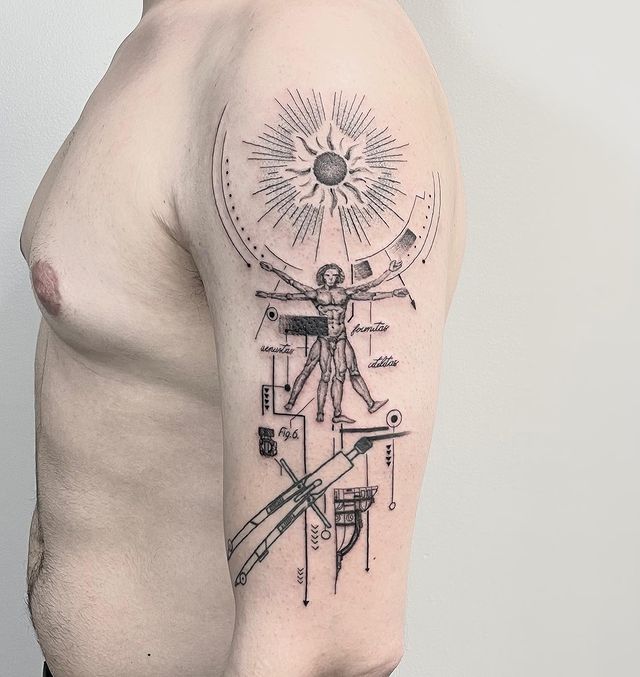 Virtruvian Man shoulder Tattoo